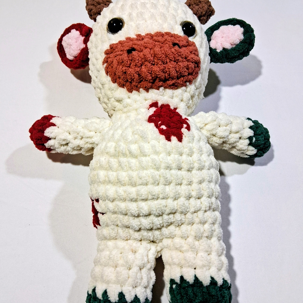 Plush Crochet Cow Toy - White with Green & Red Accents